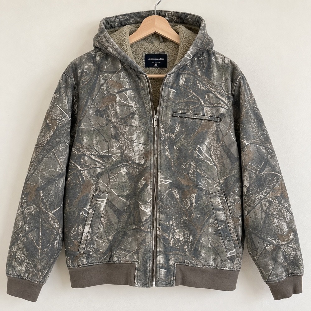 Abercrombie & Fitch Mens XL Tall Camo Sherpa Lined Hooded Canvas Work Jacket